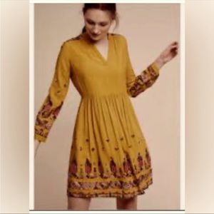 Anthropologie Floreat Embroidered Mustard Dress